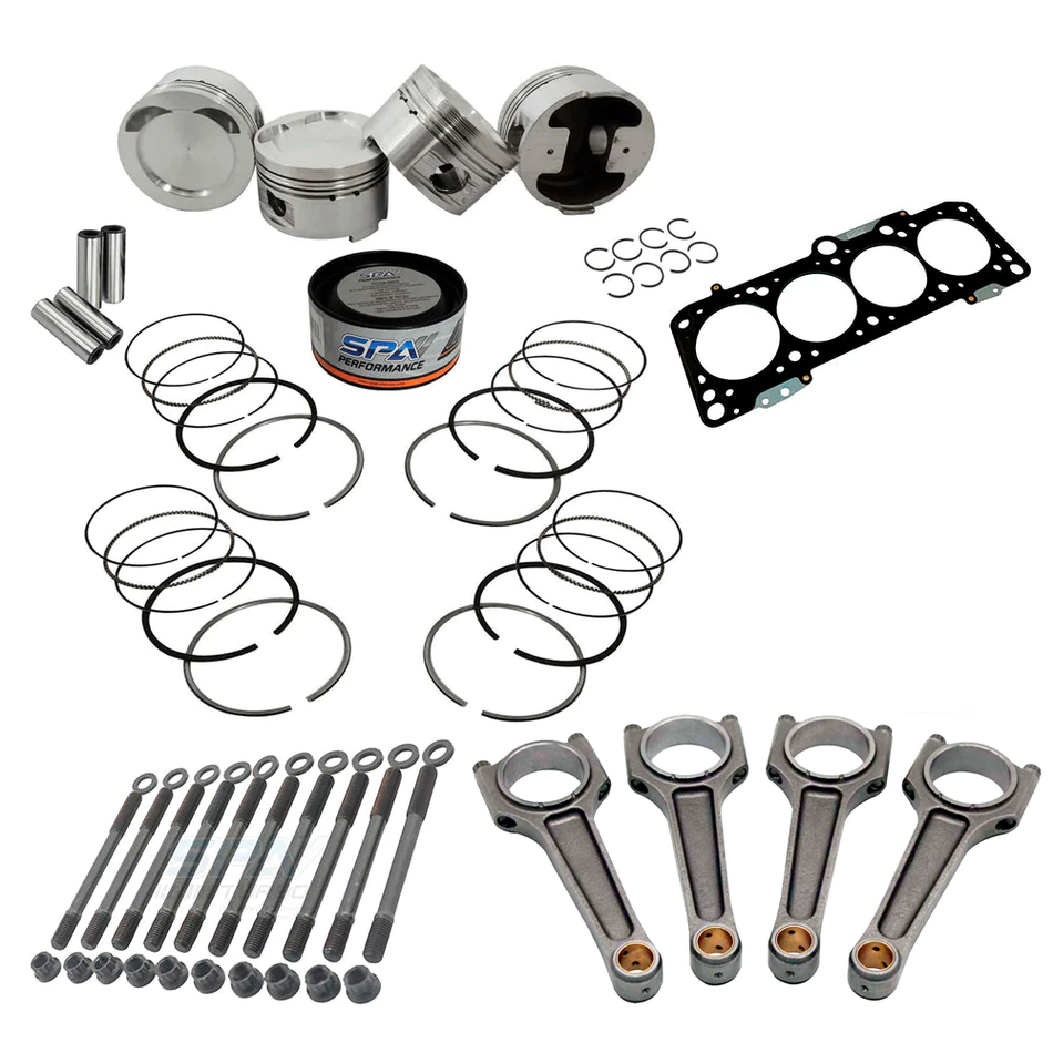Forged piston and rings set 83.5mm VW 2.0L 16V ABF + VW 159mm x 20mm High Performance Steel Connecting Rod set 3/8" bolt (1000hp) + Decompression Head Gasket Spacer - 1.5mm + Head stud set