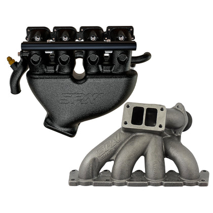VW B5 T3 top mount turbo twin scroll manifold wastegate V-Band + Cast Aluminum Intake Manifold for longitudinal VW/AUDI 1.8T with 4 injectors Fuel Rail Kit (OEM throttle) Black