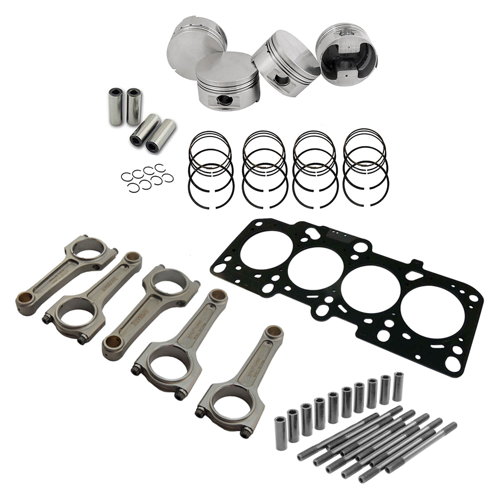 Forged flat top piston and rings set 83.5mm VW 2.0L 8V + VW 144mm x 20mm Super A connecting rod set 3/8" bolt (1000hp) + Decompression Head Gasket Spacer - 0.5mm + Head stud set