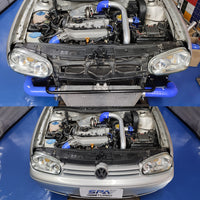 TWIN SCROLL TOP MOUNT TMA06 TURBO KIT + FRONT MOUNT INTERCOOLER VW 1.8 20V TRANSVERSAL, BLUE HOSES, TURBO NOT INCLUDED