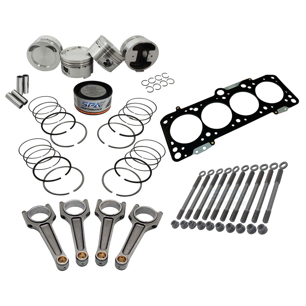 Forged piston and rings set 83mm VW 2.0L 16V ABF + VW 159mm x 20mm High Performance Steel Basic Connecting Rod set 3/8" bolt (1000hp) + Decompression Head Gasket Spacer - 1.5mm + 136mm head stud set